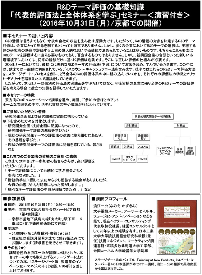 R＆Dテーマ評価の基礎～代表的評価法と　全体体系を学ぶ、開催場所：京都、開催日：2016年10月31日（月）