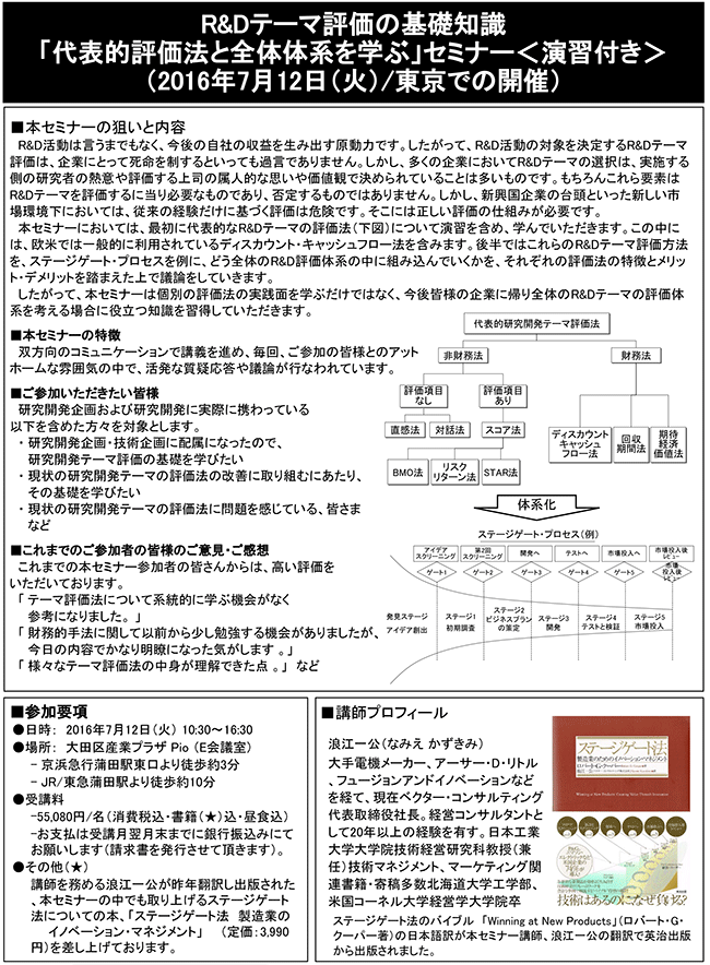 「R＆Dテーマ評価の基礎知識～代表的評価法と全体体系を学ぶ」セミナー、開催場所：東京、開催日：2016年7月12日（火）