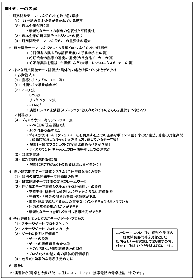 「R＆Dテーマ評価の基礎知識～代表的評価法と全体体系を学ぶ」セミナー、開催場所：東京、開催日：2016年7月12日（火）