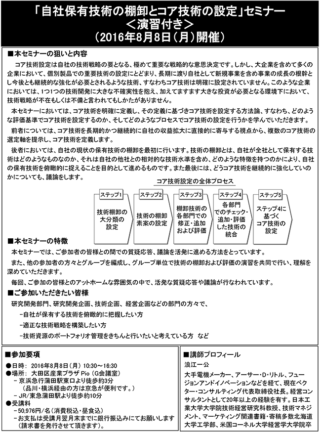 「自社技術に基づくコア技術の設定とその強化法」セミナー、開催場所：東京、開催日：2016年8月8日（月）