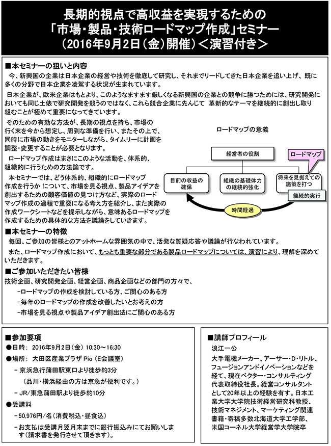 「長期的視点で高収益を実現するための市場・製品・技術ロードマップ作成」セミナー、開催場所：東京、開催日：2016年9月2日（金）