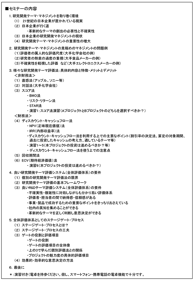 R＆Dテーマ評価の基礎～代表的評価法と　全体体系を学ぶ、開催場所：京都、開催日：2016年10月31日（月）