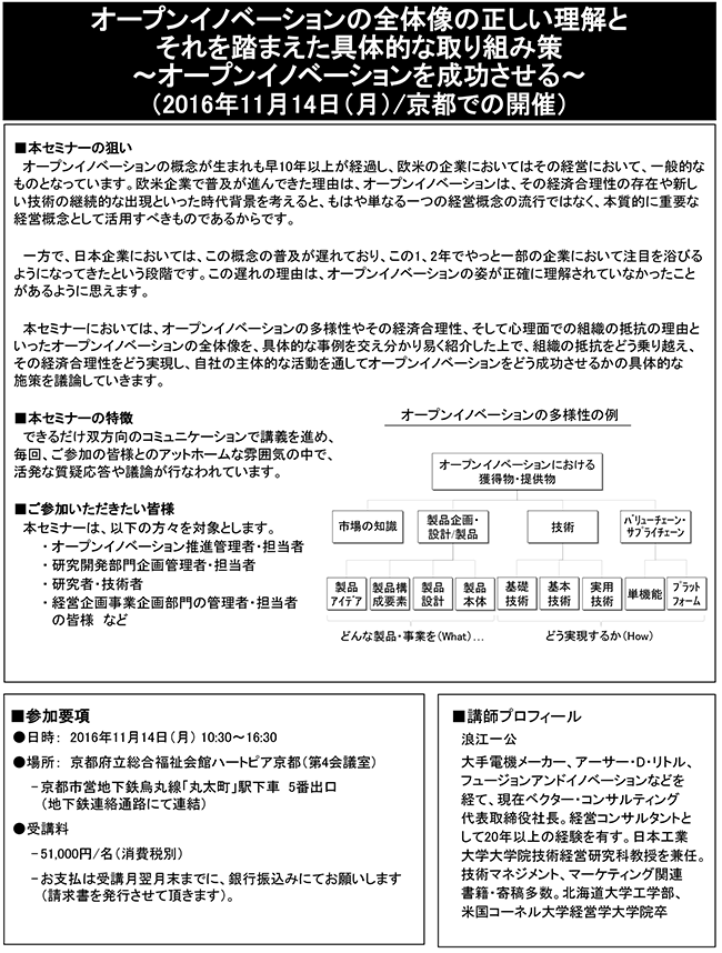 オープンイノベーションの全体像の正しい理解とそれを踏まえた具体的な取り組み策～オープンイノベーションを成功させる～、開催日：2016年11月14日（月）開催場所：京都