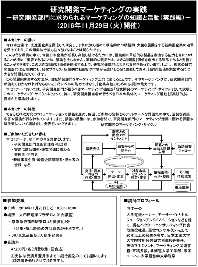 研究開発マーケティングの実践～研究開発部門に求められるマーケティングの知識と活動（実践編）～、開催日：2016年11月29日（火）、開催場所：東京