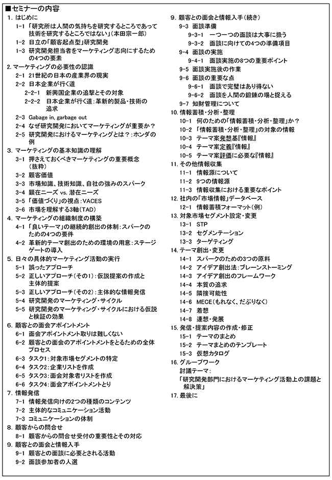 研究開発マーケティングの実践～研究開発部門に求められるマーケティングの知識と活動（実践編）～、開催日：2016年11月29日（火）、開催場所：東京