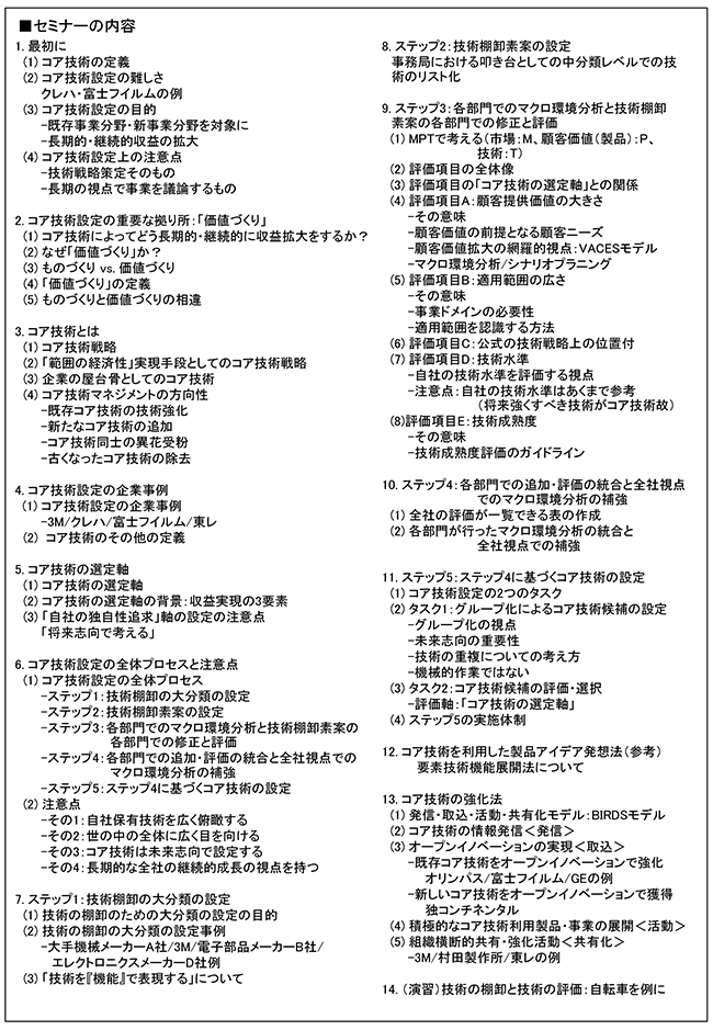 自社技術に基づくコア技術の設定とその強化法、開催日：2017年4月11日（火） 開催場所：東京