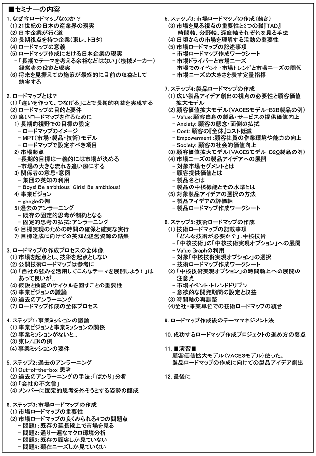 長期的視点で高収益を実現するための市場・製品・技術ロードマップ作成、開催日：2017年5月30日（火）　開催場所：東京