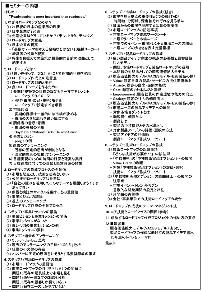 長期的視点で高収益を実現するための市場・製品・技術ロードマップ作成、開催日：2017年 9月1日（金） 開催場所：東京