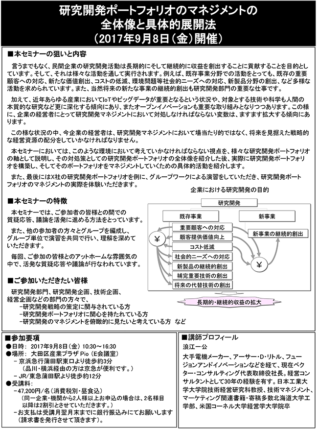 研究開発ポートフォリオのマネジメントの全体像と具体的展開法、開催日：2017年 9月8日（金） 開催場所：東京