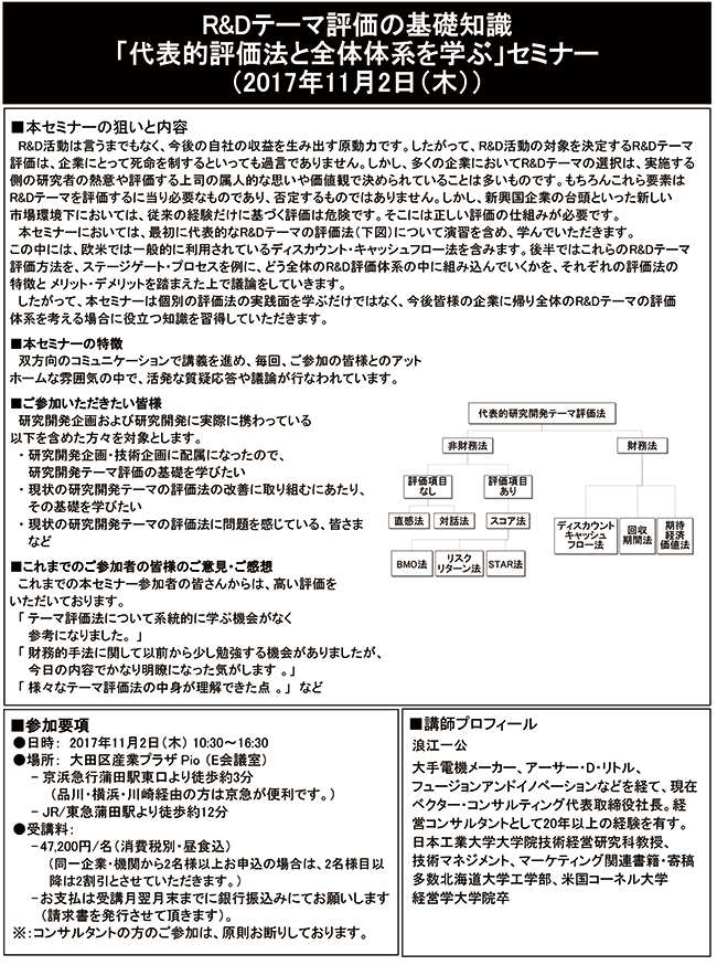 R＆Dテーマ評価の基礎～代表的評価法と全体体系を学ぶ～、開催日：2017年11月2日（木）　開催場所：東京