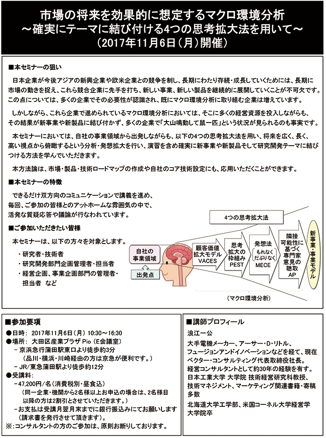 市場の将来を効果的に想定するマクロ環境分析～確実にテーマに結び付ける4つの思考拡大法を用いて～、開催日：2017年11月6日（月） 開催場所：東京