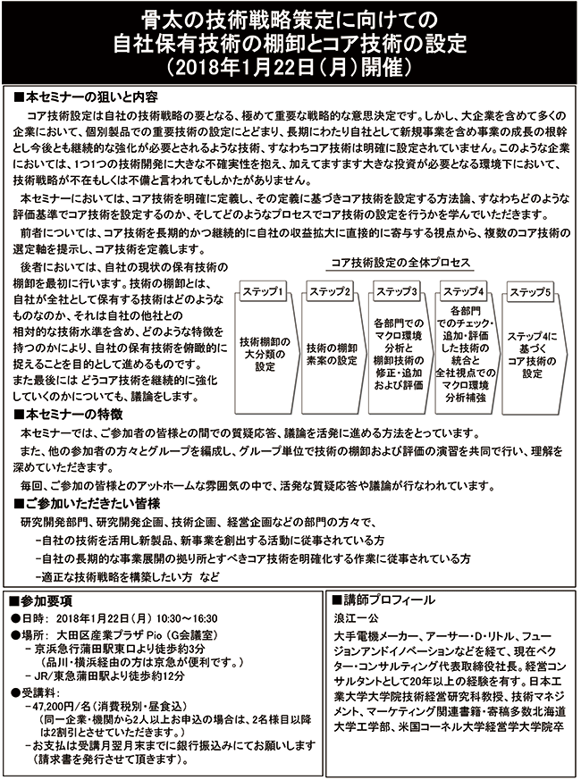 骨太の技術戦略策定に向けての自社技術に基づくコア技術の設定とその強化法、開催日：2018年1月22日（月） 開催場所：東京