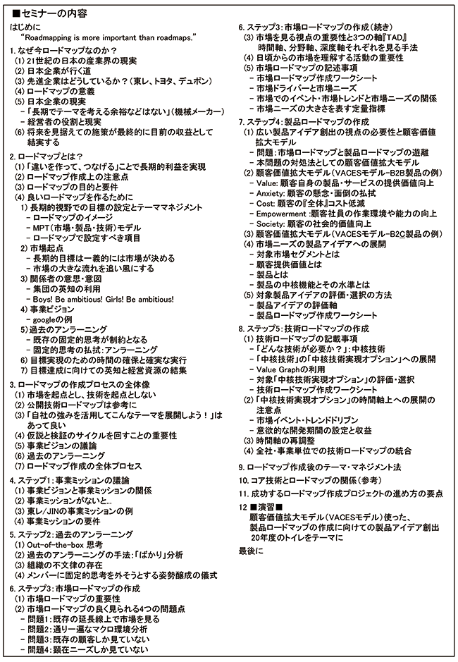 長期的視点で高収益を実現するための市場・製品・技術ロードマップ作成、開催日：2018年 1月25日（木） 開催場所：東京