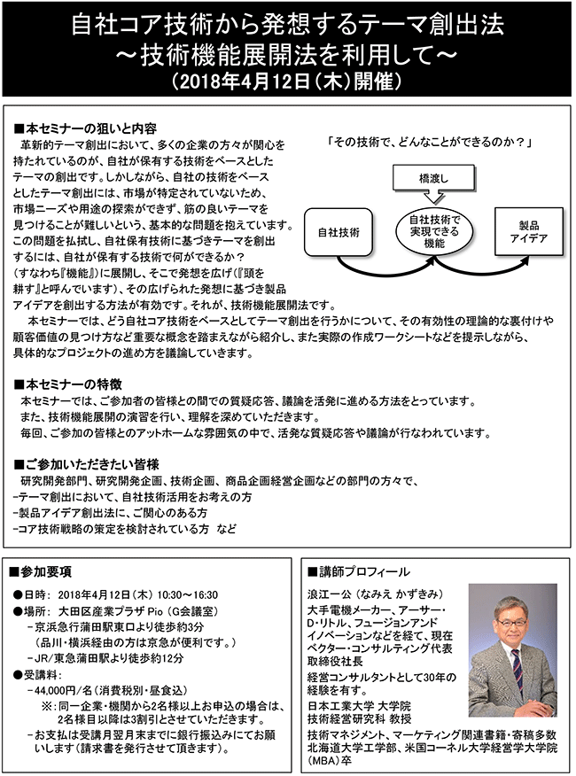 自社コア技術から発想するテーマ創出法、開催日：2018年4月12日（木） 開催場所：東京