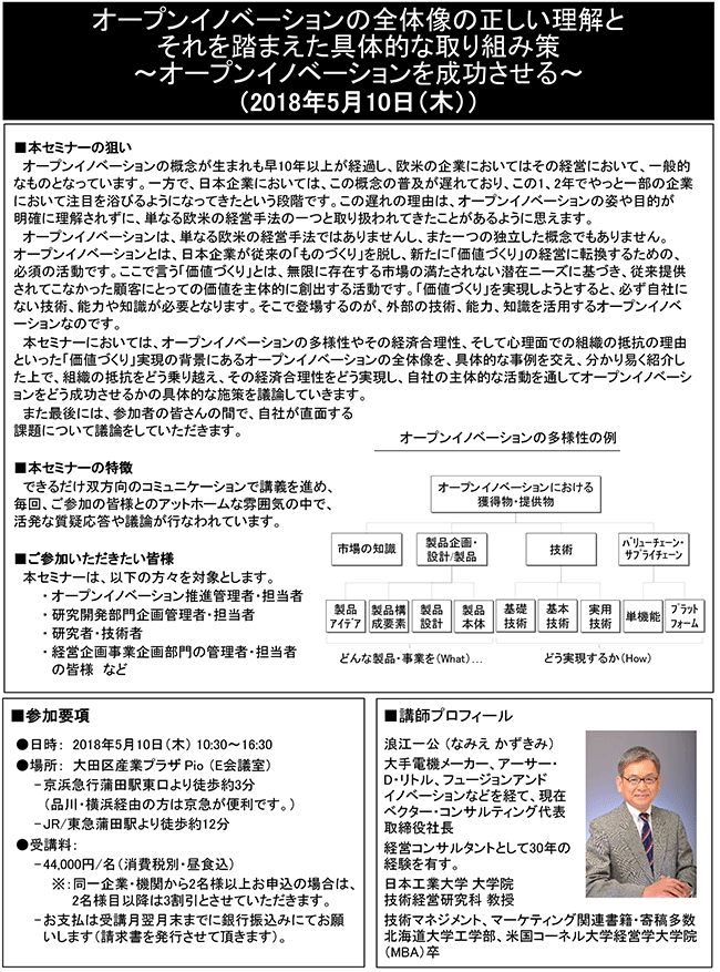 オープンイノベーションの全体像の正しい理解とそれを踏まえた具体的な取り組み策、開催日：2018年5月10日（木） 開催場所：東京