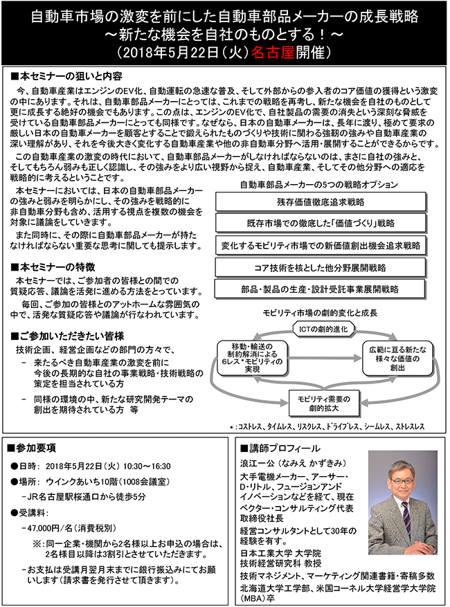 自動車市場の激変を前にした自動車部品メーカーの成長戦略、開催日：2018年5月22日（火） 開催場所：名古屋