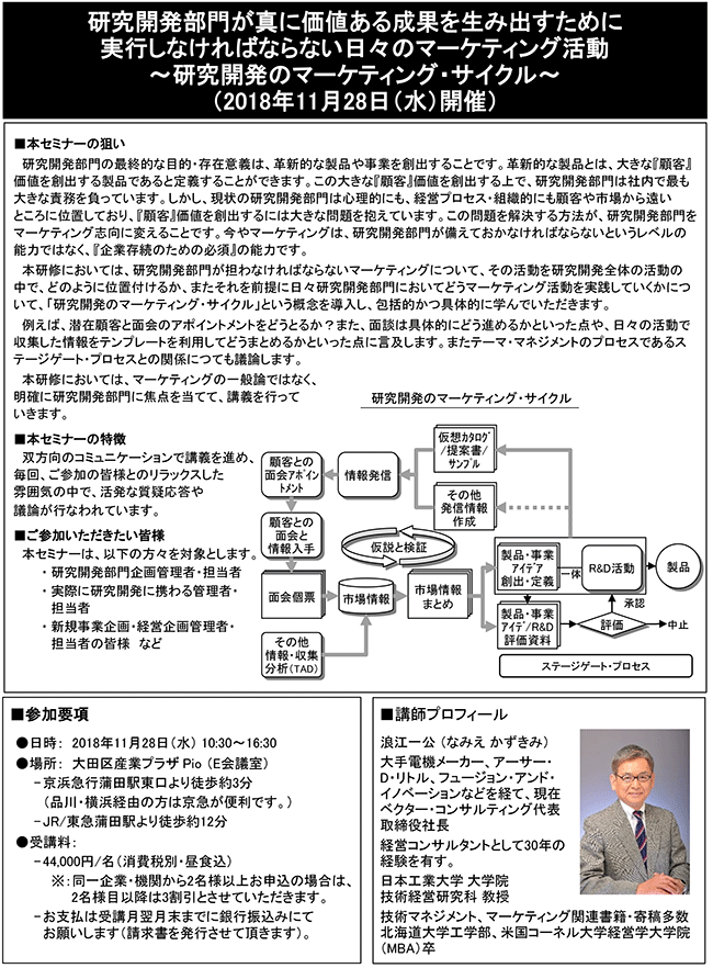 研究開発部門が真に価値ある成果を生み出すために実行しなければならない日々のマーケティング活動、開催日：11月28日（水）　開催場所：東京