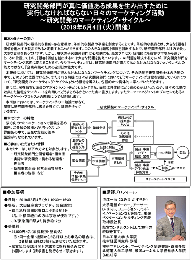 研究開発部門が真に価値ある成果を生み出すために実行しなければならない日々のマーケティング活動～研究開発のマーケティング・サイクル～、開催日： 2019年6月4日（火） 　開催場所：東京