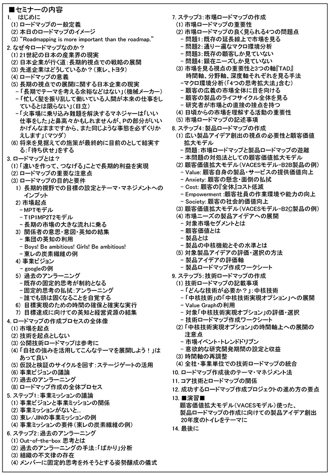 長期的視点で継続的に高収益を実現するための市場・製品・技術ロードマップ作成、開催日： 2019年6月7日（金） 　開催場所：東京