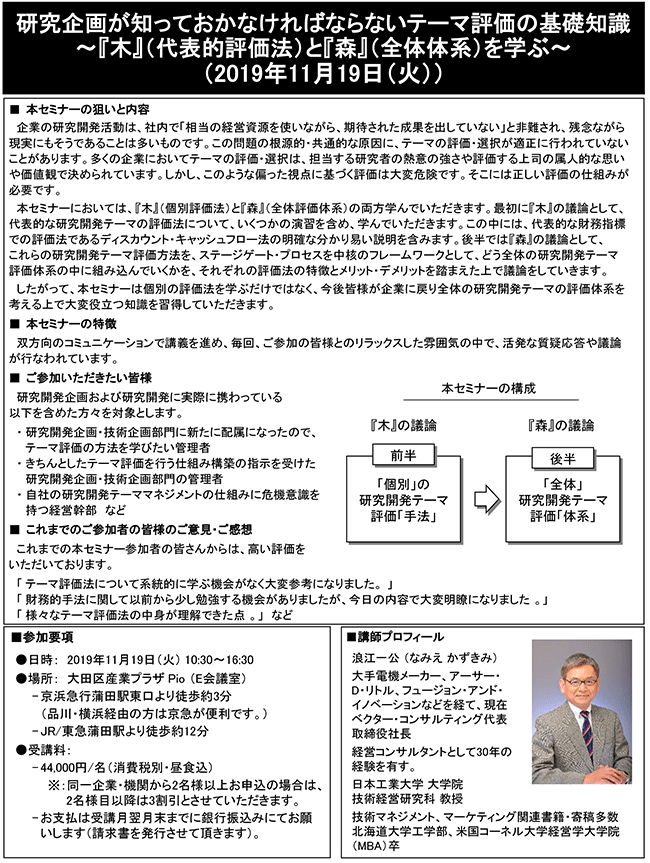 研究企画が知っておかなければならないテーマ評価の基礎知識、開催日： 11月19日（火）　開催場所：東京