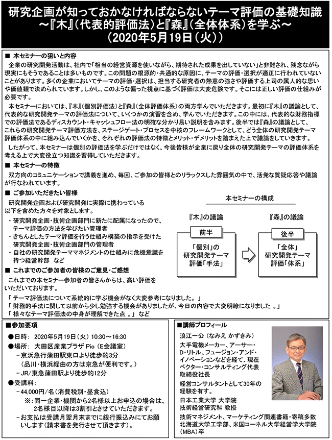 研究企画が知っておかなければならないテーマ評価の基礎知識～『木』（代表的評価法）と『森』（全体体系）を学ぶ～、開催日： 5月19日（火） 　開催場所：東京