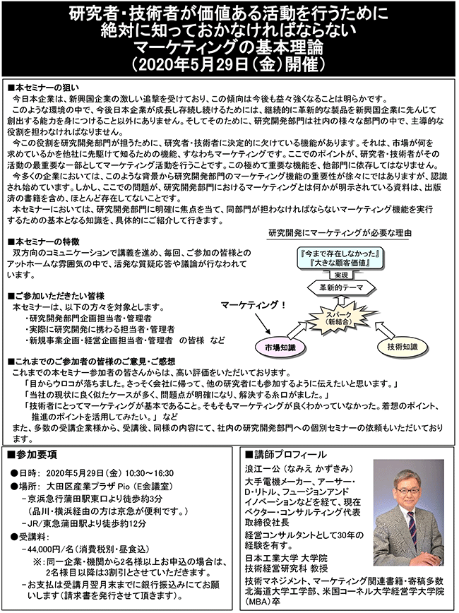 研究者・技術者が価値ある活動を行うために絶対に知っておかなければならないマーケティングの基本理論、開催日： 5月29日（金） 　開催場所：東京