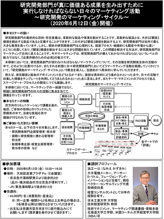 研究開発部門が真に価値ある成果を生み出すために実行しなければならない日々のマーケティング活動～研究開発のマーケティング・サイクル～、開催日： 6月12日（金） 　開催場所：東京