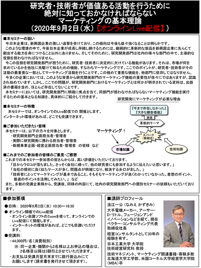 研究者・技術者が価値ある活動を行うために絶対に知っておかなければならないマーケティングの基本理論（「R&Dマーケティング（基本理論編）」）、開催日： 9月2日（水） 　【オンラインLive配信】