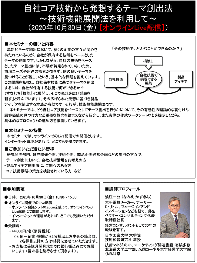 自社コア技術から発想するテーマ創出法～技術機能展開法を利用して～、開催日： 10月30日（金） 　【オンラインLive配信】