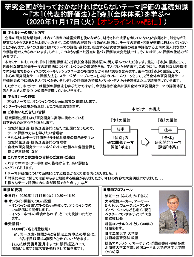 研究企画が知っておかなければならないテーマ評価の基礎知識～『木』（代表的評価法）と『森』（全体体系）を学ぶ～、開催日：2020年 11月17日（火） 　 【オンラインLive配信】