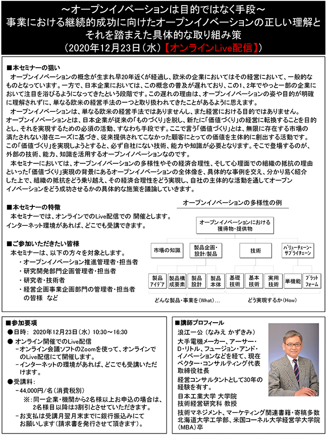 ～オープンイノベーションは目的ではなく手段～事業における継続的成功に向けたオープンイノベーションの正しい理解とそれを踏まえた具体的な取り組み策、開催日： 2020年12月23日（水） 　【オンラインLive配信】