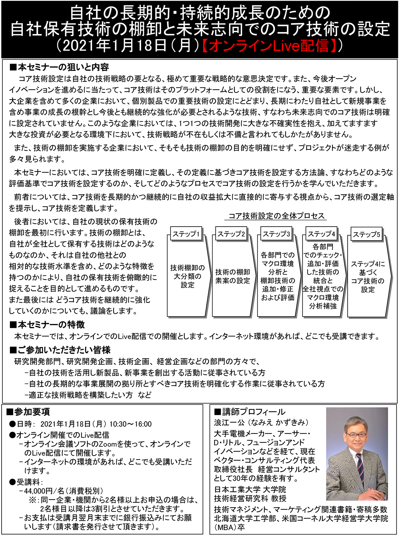 自社の長期的・持続的成長のための自社保有技術の棚卸と未来志向でのコア技術の設定、開催日： 2021年1月18日（月） 　【オンラインLive配信】