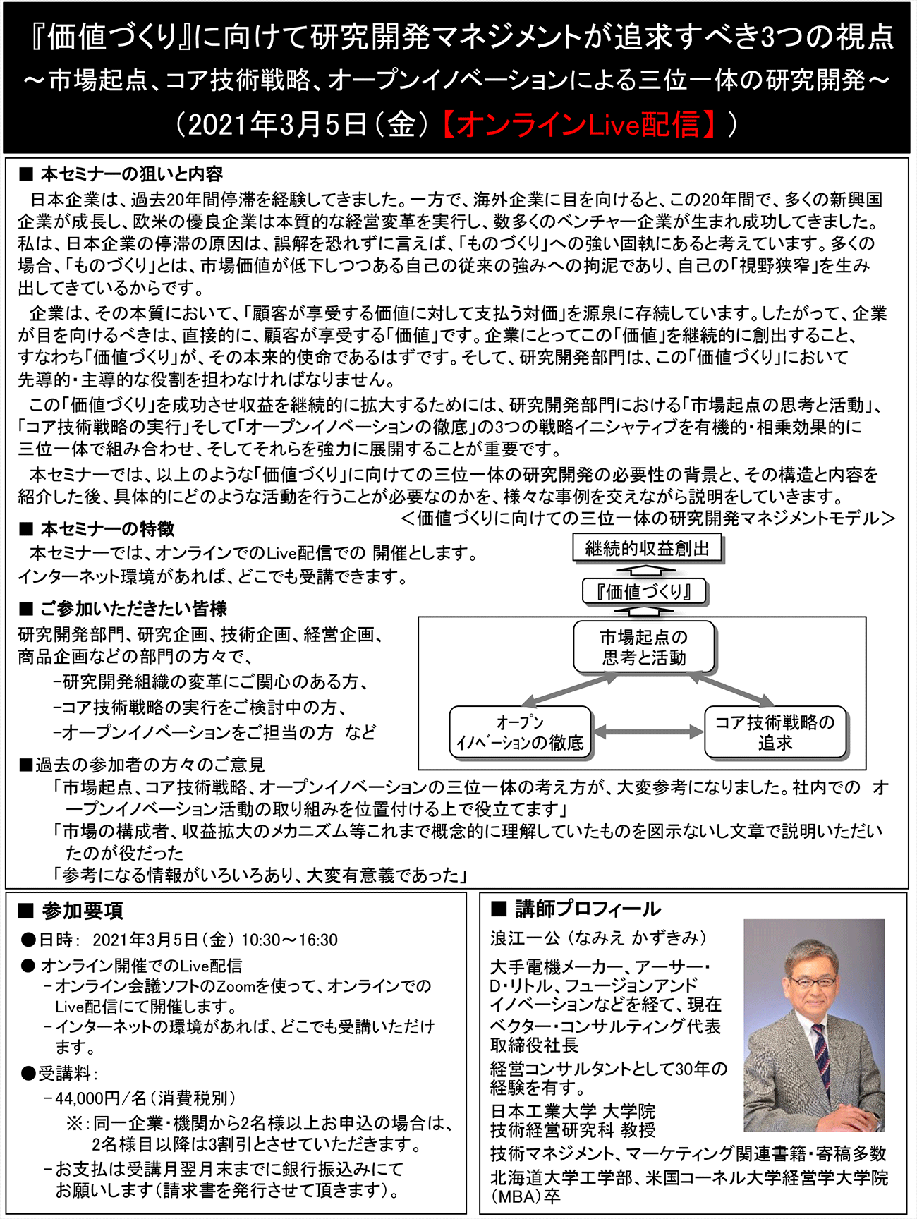 『価値づくり』に向けて研究開発マネジメントが追求すべき3つの視点～市場起点、コア技術戦略、オープンイノベーションによる三位一体の研究開発～、開催日： 2021年3月5日（金） 　【オンラインLive配信】