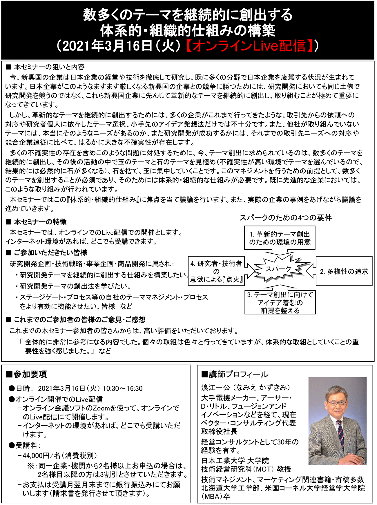 数多くの革新的テーマを継続的に創出する体系的・組織的仕組みの構築、開催日：2021年 3月16日（火） 　【オンラインLive配信】