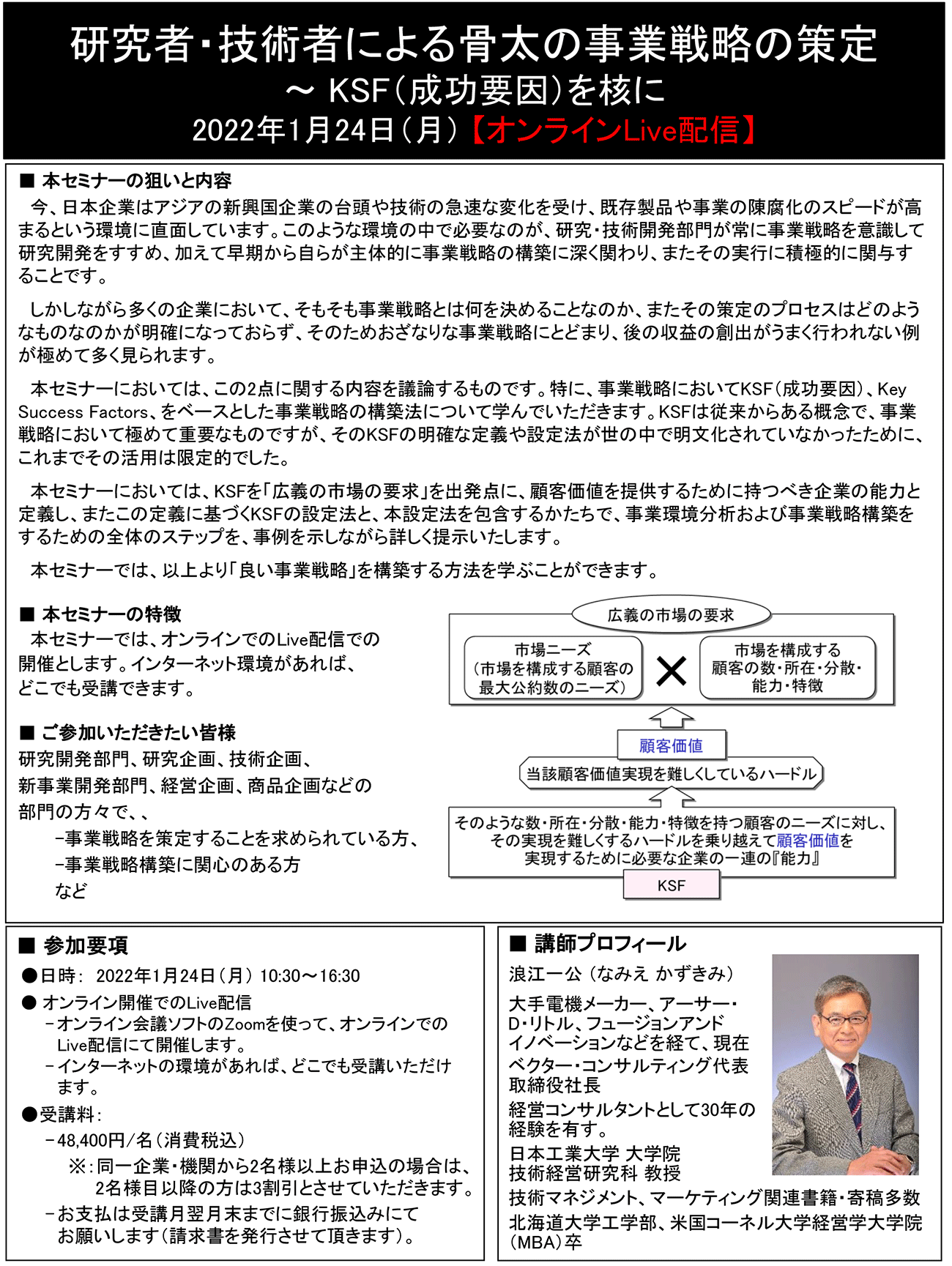 研究者・技術者による骨太の事業戦略の策定、開催日： 2022年1月24日（月）　【オンラインLive配信】