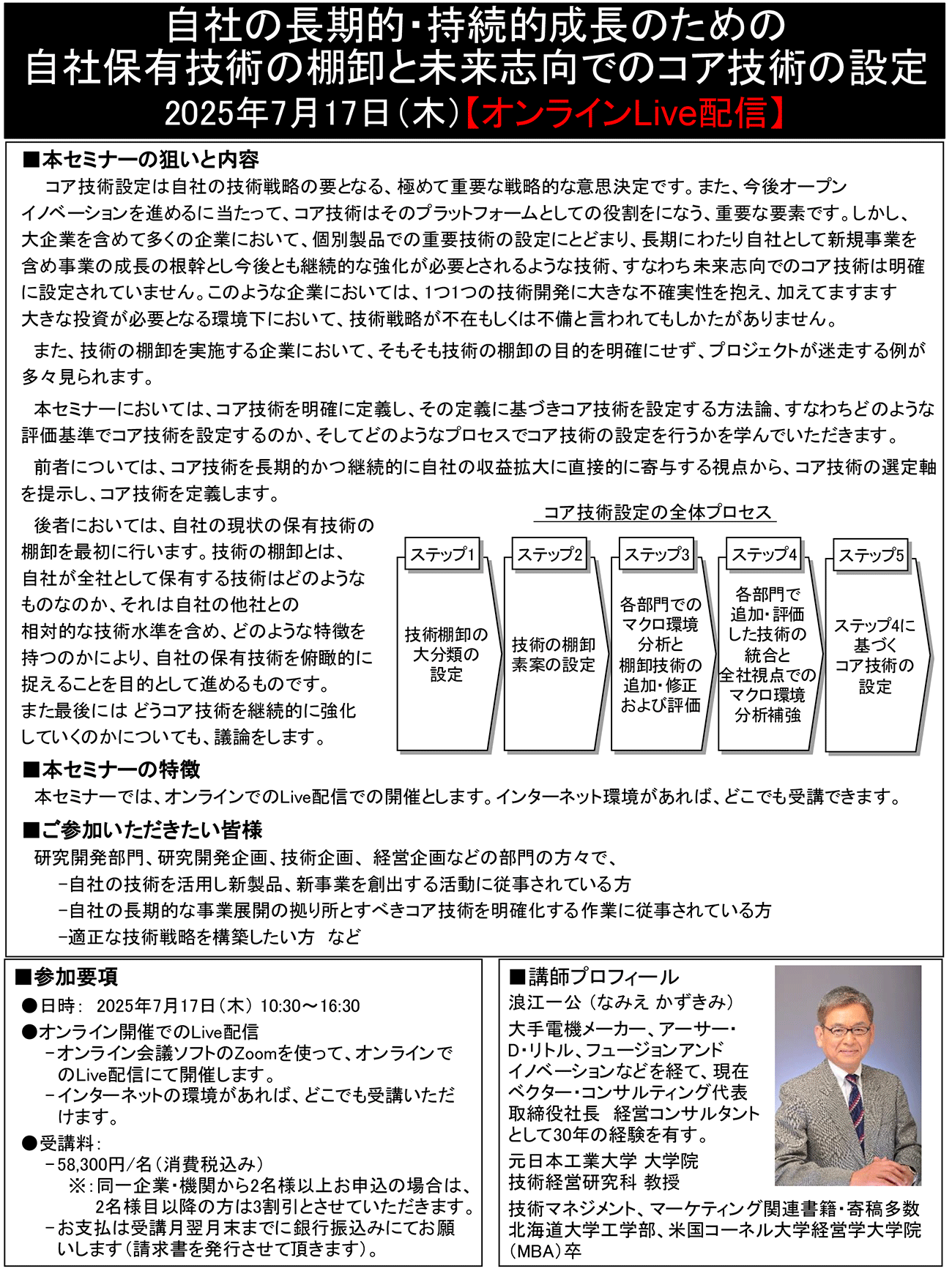 自社の長期的・持続的成長のための自社保有技術の棚卸と未来志向でのコア技術の設定、開催日： 2025年7月17日（木） 【オンラインLive配信】