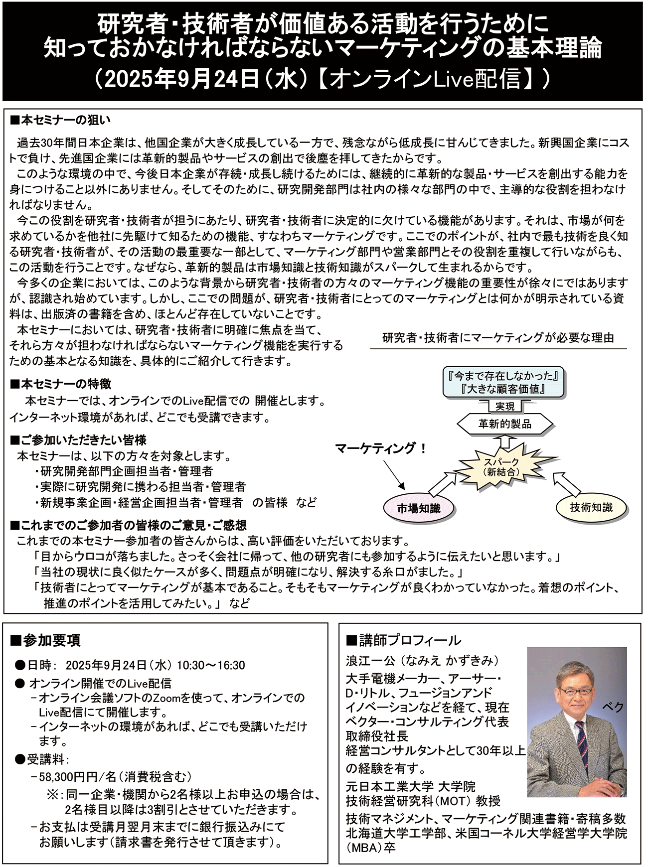 研究者・技術者が価値ある活動を行うために知っておかなければならないマーケティングの基本理論、開催日： 2025年9月24日（水） 　【オンラインLive配信】