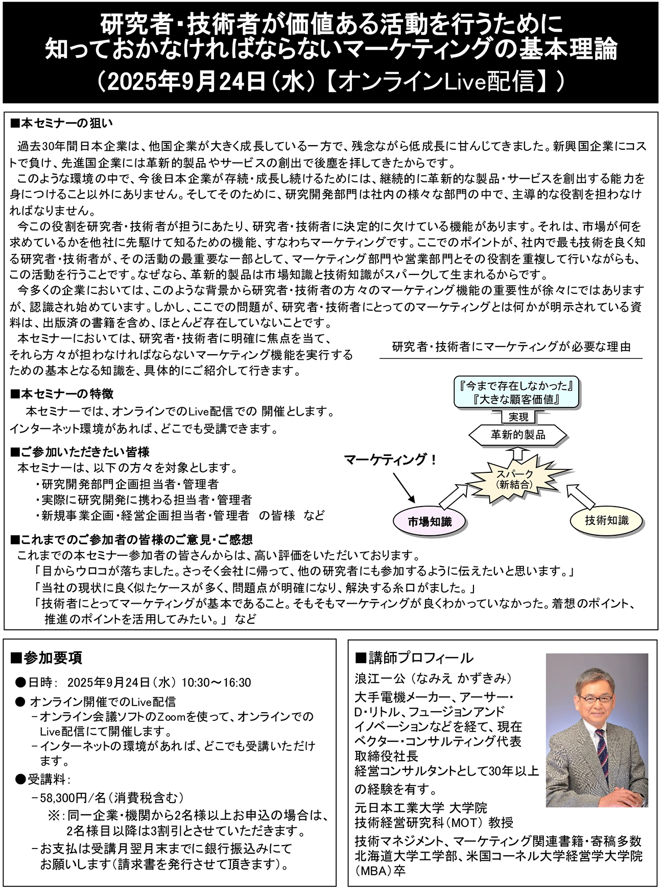 研究者・技術者が価値ある活動を行うために知っておかなければならないマーケティングの基本理論、開催日： 2025年9月24日（水） 　【オンラインLive配信】