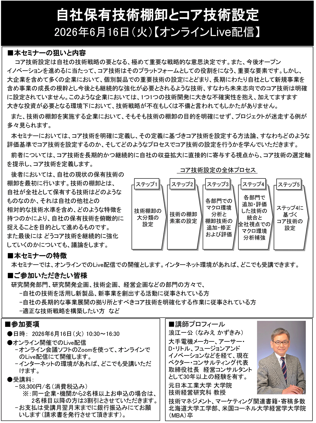 自社保有技術棚卸とコア技術設定（受講料：58,300円/名 消費税込）、開催日： 2026年6月16日（火） 【オンラインLive配信】